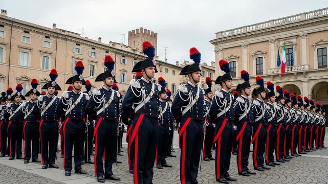 Line of uniformed male officers standing in formation during a formal military ceremony in a historic European city square.