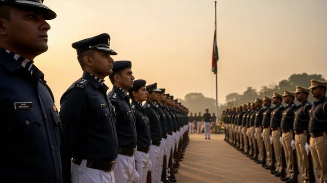 Indian police officers in uniform standing in a disciplined formation during a patriotic ceremony with the national flag at sunrise.