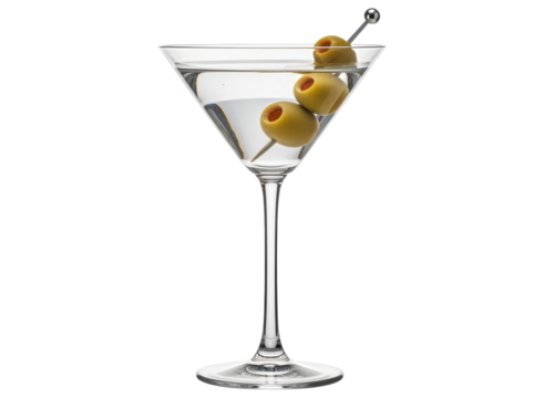 Classic martini cocktail with green olives on a pick in a clear glass