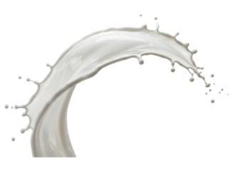 Dynamic white milk splash with droplets creating an energetic arc shape