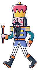 Cheerful nutcracker character marching with a stick isolated on transparent background.
