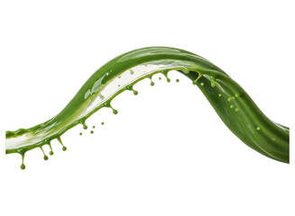 Dynamic green liquid splash with droplets in a flowing, wavy motion.