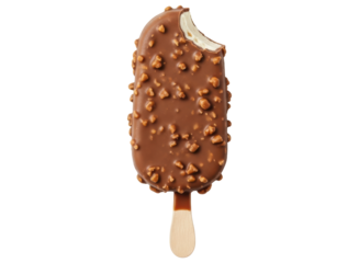 Delicious chocolate covered ice cream bar with nuts, bitten, on a stick