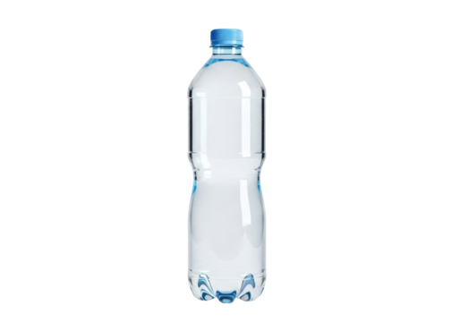 Clear plastic bottle filled with refreshing pure water, featuring a blue screw cap