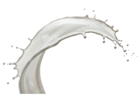 Dynamic white milk splash with droplets creating an energetic arc shape