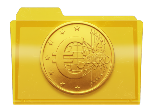 Shiny Golden Folder Icon Featuring a Euro Coin Emblem With A Transparent Background Ideal For Financial Services And Digital Storage