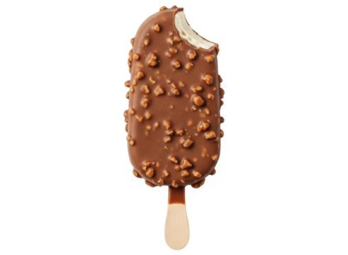 Delicious chocolate covered ice cream bar with nuts, bitten, on a stick - Powered by Adobe