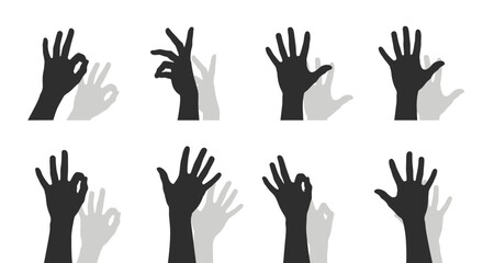 Collection of human hands creating various shadow puppet gestures on a white background.