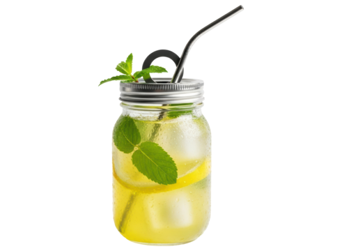 Refreshing lemonade in a mason jar with mint, lemon, ice, and reusable straw