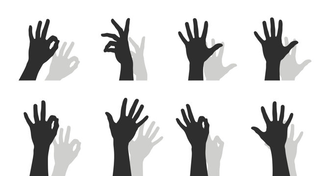 Collection of human hands creating various shadow puppet gestures on a white background.