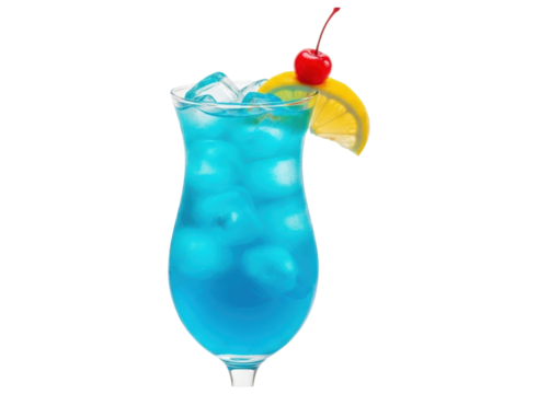 Vibrant blue cocktail with ice, garnished with a lemon slice and a red cherry