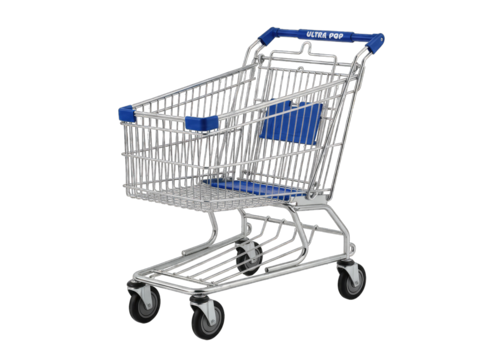 Shiny Metal Shopping Cart With Blue Seat and Handle Isolated on Transparent Background