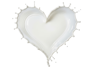 Dynamic white milk splash forming a perfect heart shape, symbolizing love and purity.