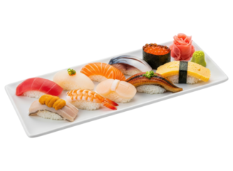 Assortment of fresh japanese sushi and nigiri on a white plate, ready to eat