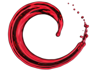 Dynamic red liquid splash forming a vibrant spiral shape with droplets