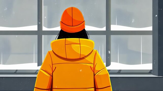 Winter's Embrace: A solitary figure, cloaked in warm winter attire, gazes through a frosted window, enveloped by the tranquility of a snowy landscape, evoking a sense of calm reflection.