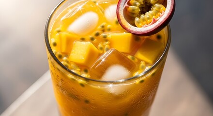 Refreshing Mango Passion Fruit Drink with Ice and Garnish.
