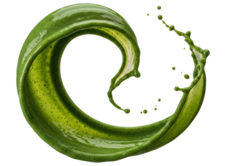 Vibrant green liquid splash forming a dynamic swirling wave with flying droplets