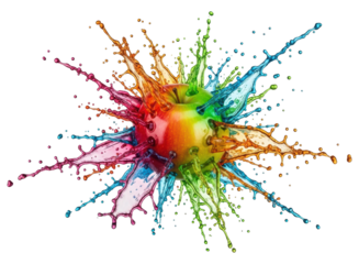 Vibrant apple bursting with colorful liquid splashes and dynamic motion