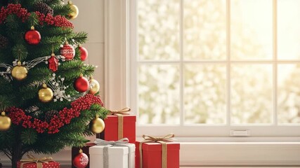 Beautifully decorated Christmas tree with festive red and gold ornaments and wrapped gifts by a bright sunlit window, creating a warm holiday atmosphere.