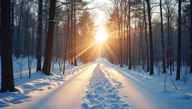 Winter sunlight casting long shadows in a snowy forest
