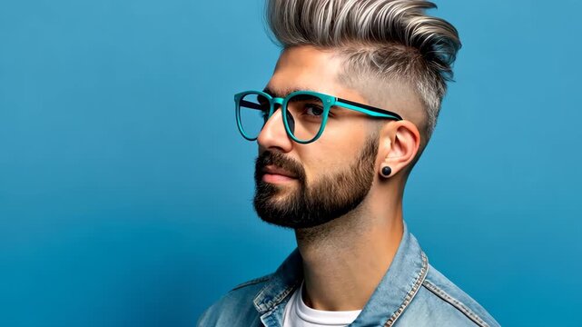 Stylish Profile Portrait: A modern gentleman with a striking hairstyle, beard, and trendy eyeglasses, exuding confidence. The image captures the essence of contemporary style.