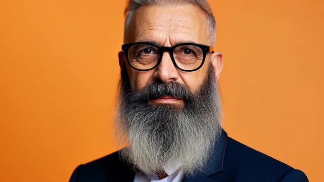 Distinguished Gentleman: A close-up portrait of a sophisticated gentleman, adorned with a long, flowing beard, spectacles, and a dignified expression against an orange backdrop.