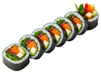 Fresh and colorful vegetarian sushi rolls filled with healthy vegetables and tofu