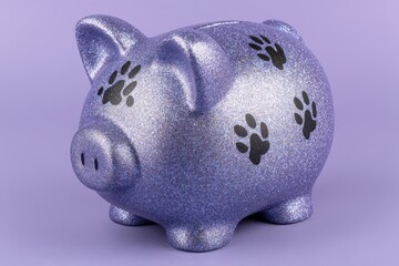 Sparkling purple piggy bank adorned with playful paw prints symbolizing financial aspirations and pet ownership capturing whimsical savings culture captured with clarity