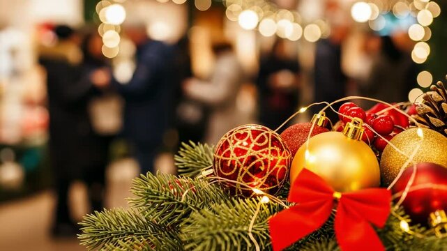 Vibrant Christmas ornaments and evergreen branches with a red bow, illuminated by string lights, against a bustling holiday market background with bokeh lights.