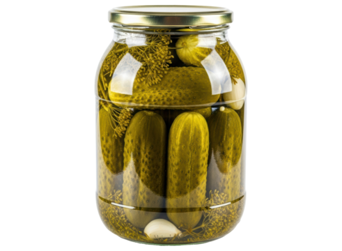 Classic glass jar of crisp pickled gherkins with dill and garlic for a tangy snack