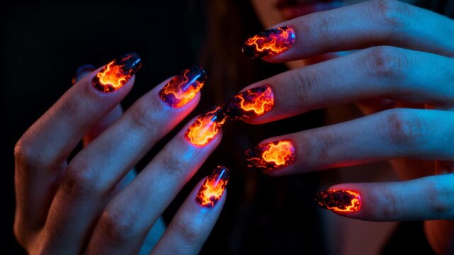 Close-up of hands with almond-shaped nails featuring a dramatic black base with glowing orange-red lava and flame effects, under moody blue lighting