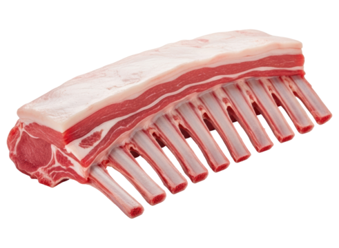 Fresh raw rack of lamb with exposed rib bones, ready for gourmet cooking