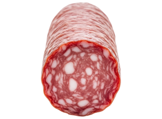 Detailed cross section of a gourmet salami sausage, showcasing its rich texture and marbling.