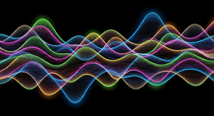 Colorful sound waves visual representation of audio frequencies on black background.