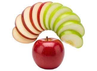 Fresh red apple with slices of red and green apples arranged in an arc