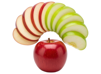 Fresh red apple with slices of red and green apples arranged in an arc