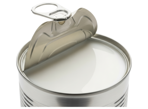 Shiny silver tin can with an easy open pull tab lid peeled back, revealing its interior