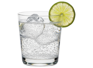 Refreshing sparkling water with ice and a fresh lime slice in a clear glass