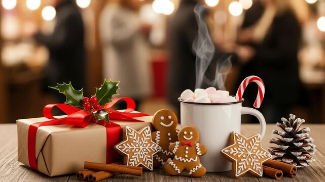 Cozy Christmas holiday arrangement with steaming hot chocolate, sweet marshmallows, festive gingerbread cookies, and a beautifully wrapped gift box on a rustic wooden table