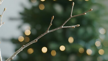 Close-up of a bare tree branch with delicate buds against a festive blurred bokeh background of warm yellow Christmas lights symbolizing new beginnings and nature - Powered by Adobe