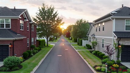 serene residential street at sunset with modern homes and lush gardens | real estate, lifestyle, community, relaxation, ambiance theme