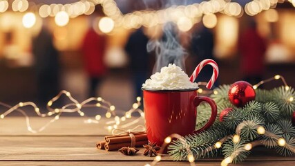 Cozy red mug of hot chocolate with whipped cream and candy cane on a wooden table, surrounded by festive Christmas decorations and blurred market lights. - Powered by Adobe