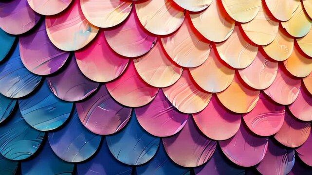 Colorful Scale Pattern: Close-up of an art installation, showcasing an array of vibrant, semi-circular scales. The composition evokes a sense of artistry, creativity.