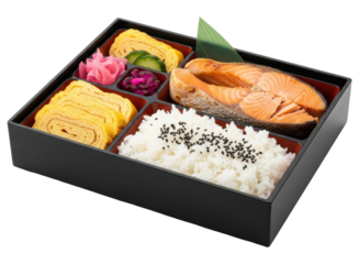 Traditional japanese bento box with grilled salmon, rice, tamagoyaki, and colorful pickles