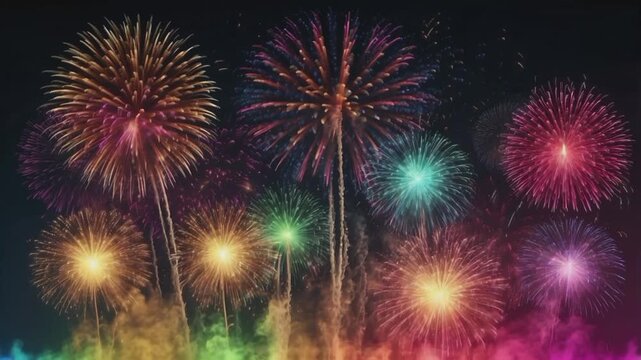 A spectacular and very colorful fireworks display in the dark night sky. Fireworks explode in various shapes and sizes.