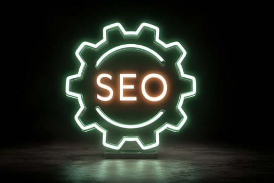 Neon illuminated SEO gear symbolizing digital marketing optimization techniques implementing analytical strategies for enhanced online visibility and effective branding representation