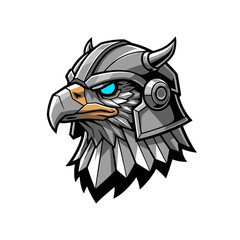 Detailed Illustration of Futuristic Robotic Eagle Head with Horned Helmet Mascot