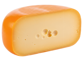 Delicious gouda cheese wedge with an orange rind and characteristic holes