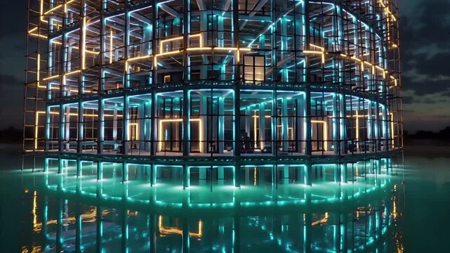 futuristic building construction digital art glowing scaffolding and dynamic architectural design | architecture, technology, futurism, city, design theme